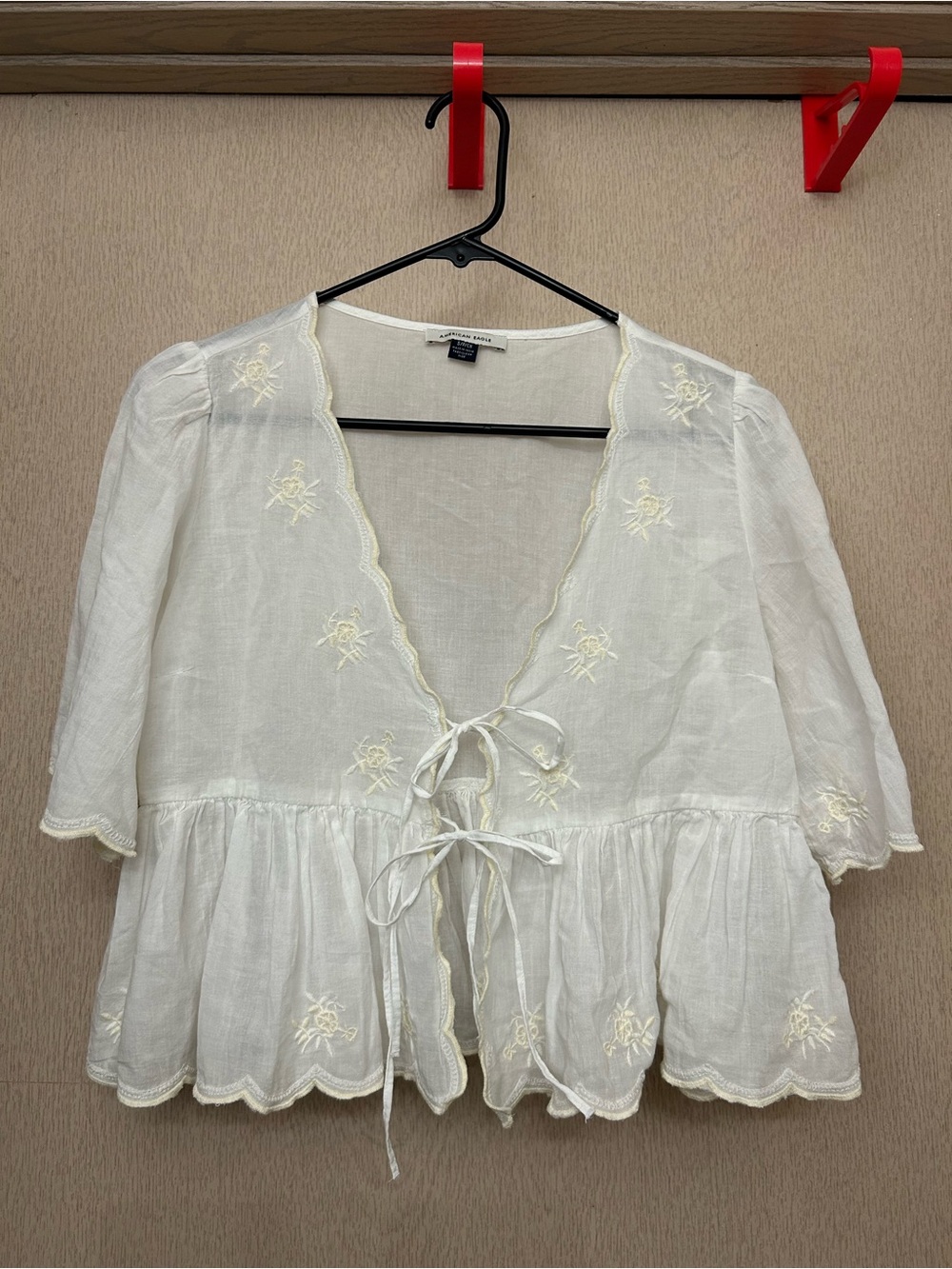 American Eagle - 100% Cotton Tied Blouse with Embroidered Details - Size S